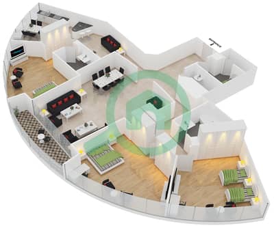 المخططات الطابقية لتصميم الوحدة B6 شقة 3 غرف نوم - مساكن O2