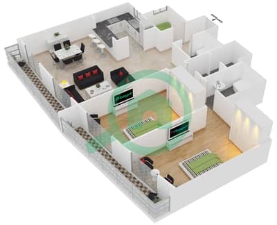 المخططات الطابقية لتصميم النموذج C-6 شقة 2 غرفة نوم - برج أيكون 1