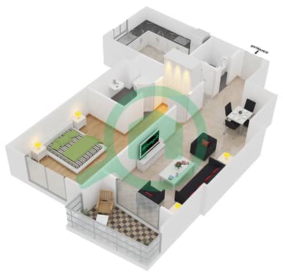 المخططات الطابقية لتصميم النموذج I-3 شقة 1 غرفة نوم - برج أيكون 1