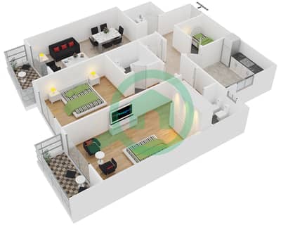 المخططات الطابقية لتصميم النموذج G-11 شقة 2 غرفة نوم - برج أيكون 1