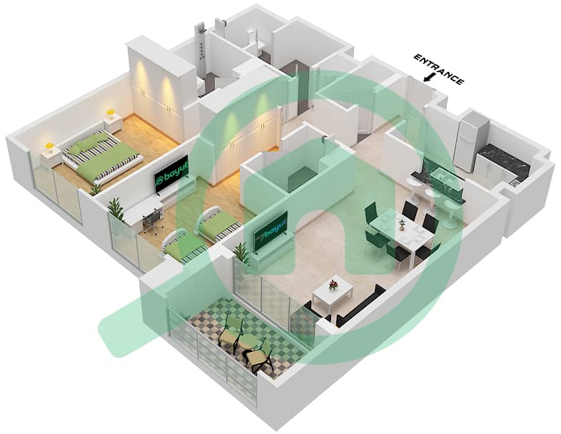 المخططات الطابقية لتصميم النموذج / الوحدة 1M / UNIT 03 FLOOR 02-21 شقة 2 غرفة نوم - برج بلفيو 1 Type 1M Unit 03 Floor 02-21 interactive3D