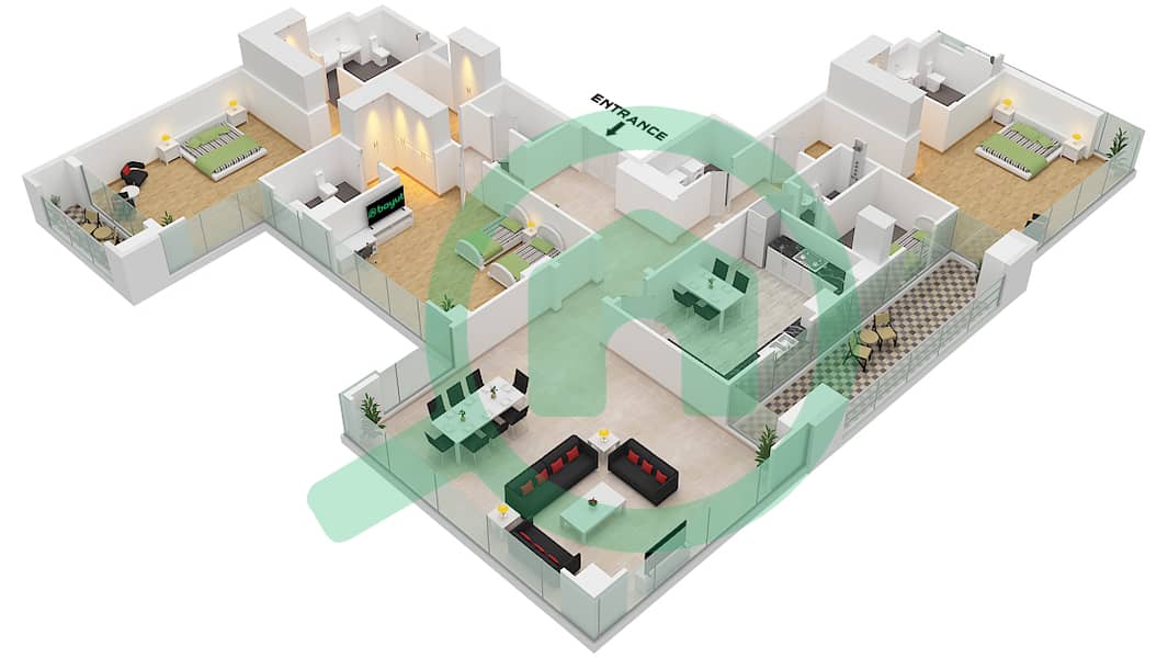 贝尔维尤1号大厦 - 3 卧室公寓类型／单位08 / UNIT 01 FLOOR 23戶型图 Type 08 Unit 01 Floor 23 interactive3D