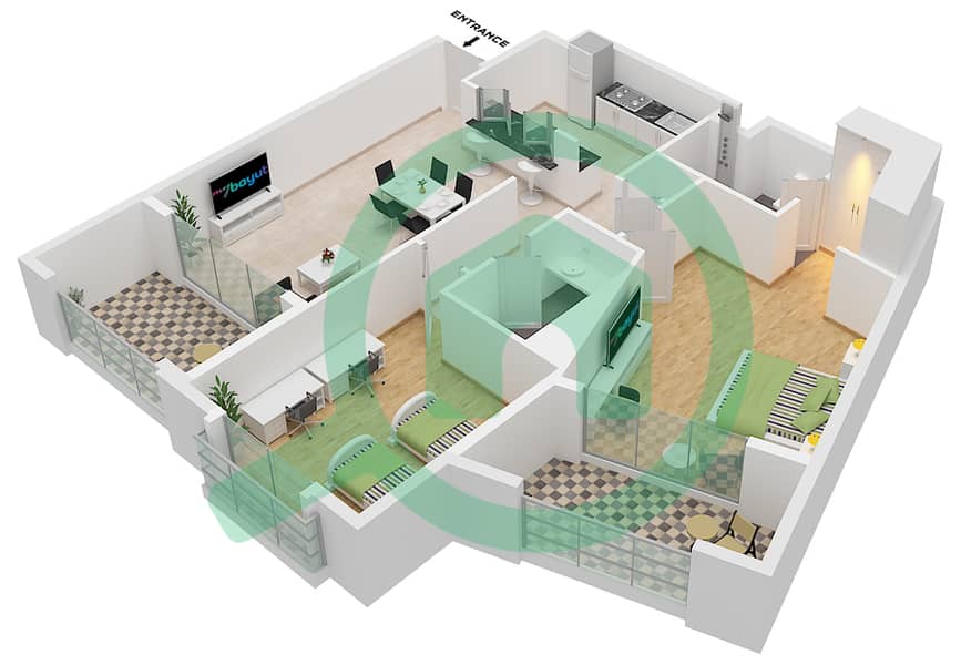 Ансам 1 - Апартамент 2 Cпальни планировка Тип/мера G / UNIT 9 FLOOR 1 Type G 
Unit 9 Floor 1 
Unit 10 Floor 2-4 
Unit 2 Floor 5-6 interactive3D