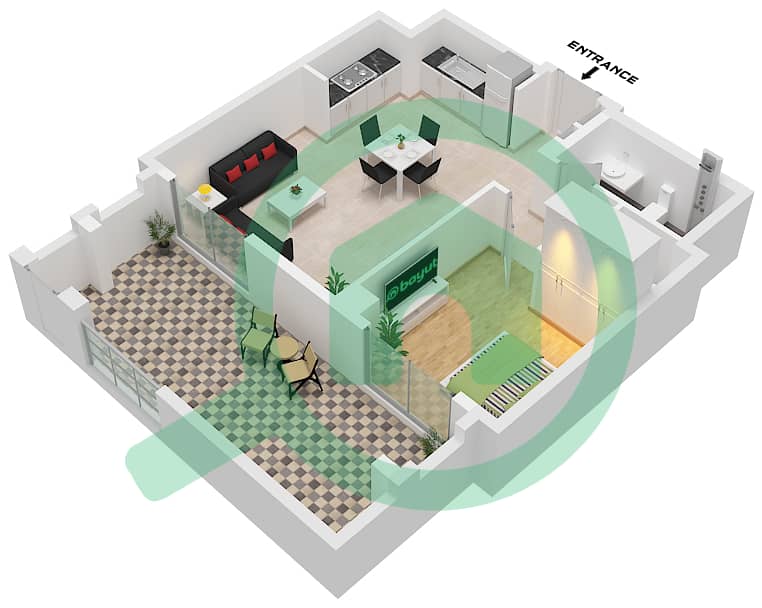 المخططات الطابقية لتصميم الوحدة 4 FLOOR 1 شقة 1 غرفة نوم - روزواتر 3 خور دبي Unit 4 Floor 1 interactive3D