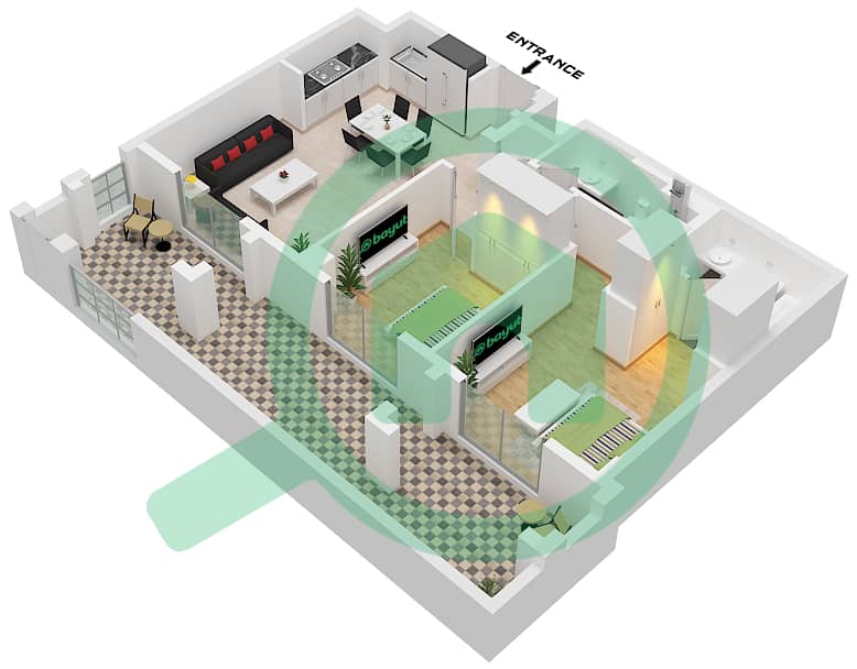 溪畔玫瑰柔情3号大厦 - 2 卧室公寓单位6 FLOOR 1戶型图 Unit 6 Floor 1 interactive3D