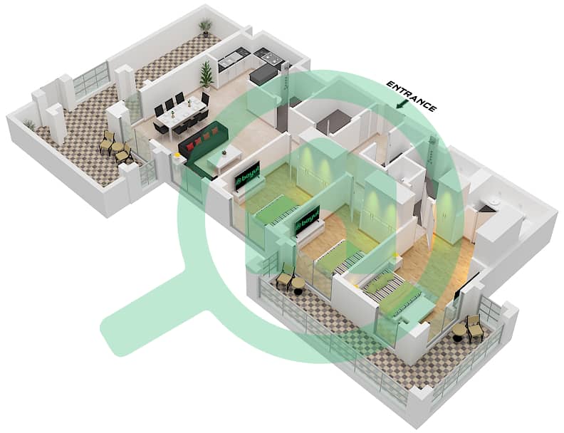 溪畔玫瑰柔情3号大厦 - 3 卧室公寓单位7 FLOOR 1戶型图 Unit 7 Floor 1 interactive3D