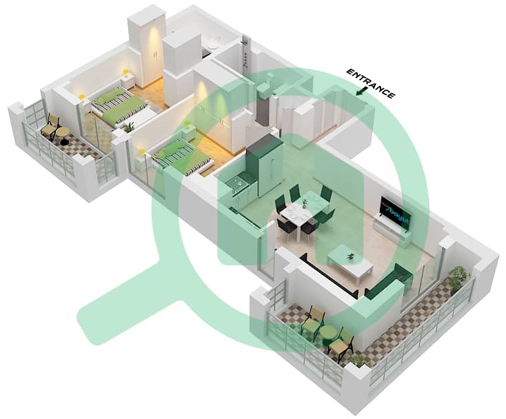 溪畔玫瑰柔情3号大厦 - 2 卧室公寓单位5 FLOOR 2-7戶型图 Unit 5 Floor 2-7 interactive3D