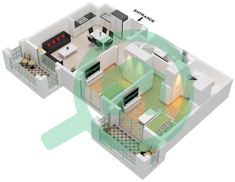 المخططات الطابقية لتصميم الوحدة 6 FLOOR 2-7 شقة 2 غرفة نوم - روزواتر 3 خور دبي Unit 6 Floor 2-7 interactive3D