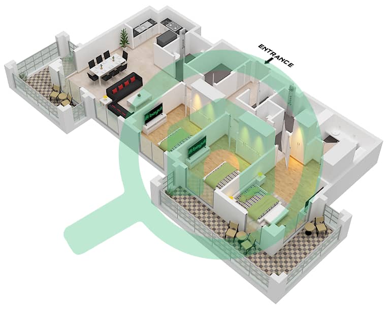 溪畔玫瑰柔情3号大厦 - 3 卧室公寓单位7 FLOOR 2-7戶型图 Unit 7 Floor 2-7 interactive3D