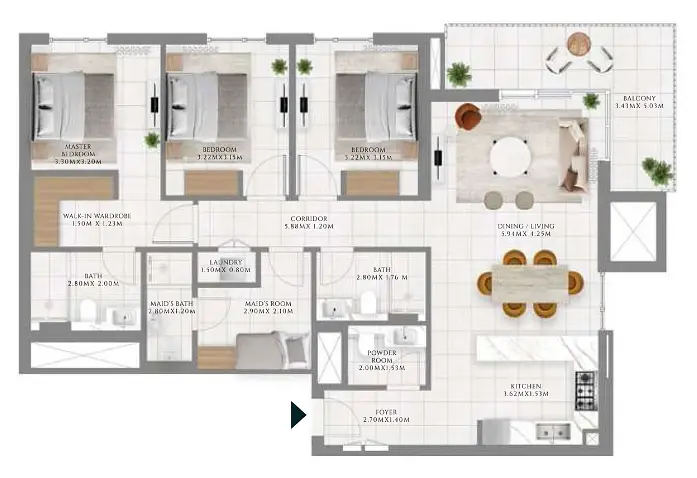 3 BR floor plan