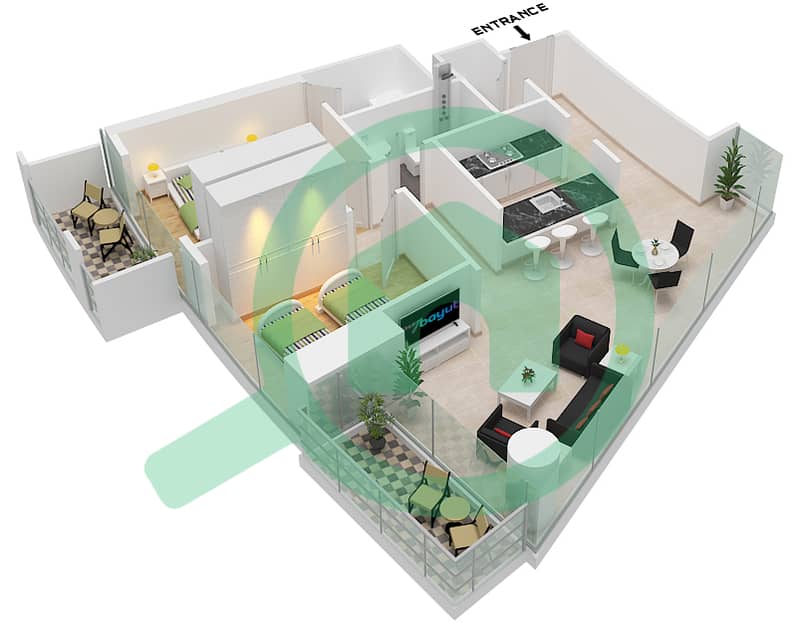 المخططات الطابقية لتصميم الوحدة 1 FLOOR 10-23,26-46 شقة 2 غرفة نوم - برج A Unit 1 Floor 10-23,26-46 interactive3D