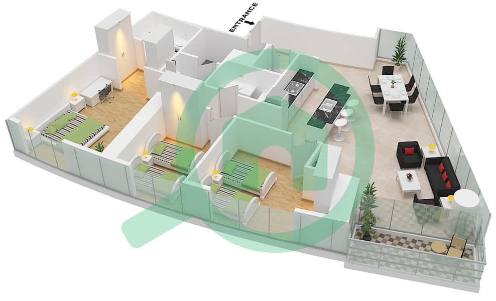 المخططات الطابقية لتصميم الوحدة 1 FLOOR 49-69 شقة 3 غرف نوم - برج A Unit 1 Floor 49-69 interactive3D