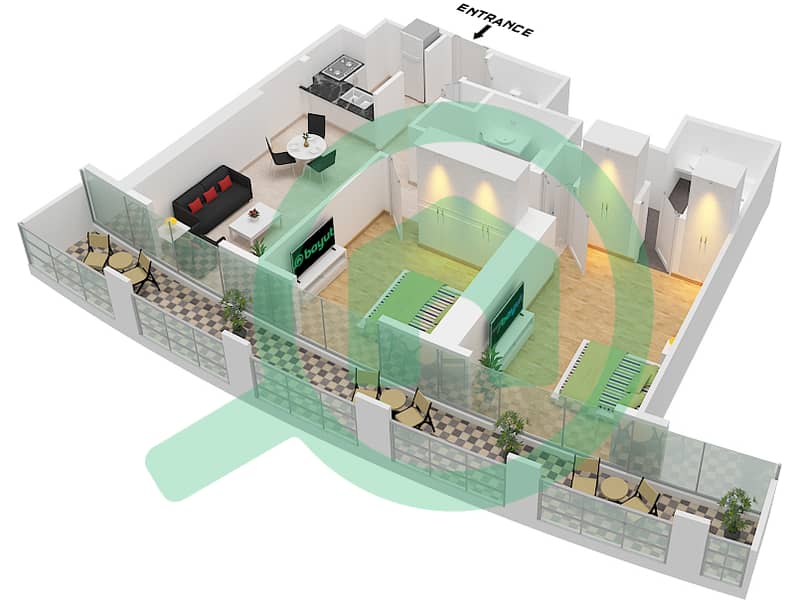 المخططات الطابقية لتصميم الوحدة 2 FLOOR 49-69 شقة 2 غرفة نوم - برج A Unit 2 Floor 49-69 interactive3D