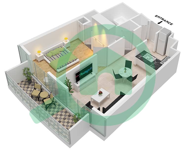 المخططات الطابقية لتصميم الوحدة 3 FLOOR 49-69 شقة 1 غرفة نوم - برج A Unit 3 Floor 49-69 interactive3D