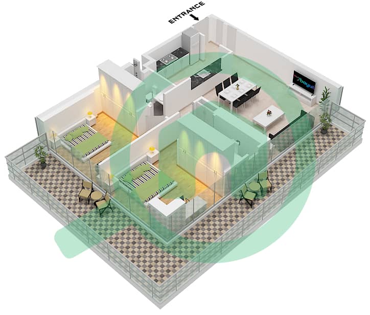 Binghatti Amber - 2 卧室公寓类型A戶型图 Type A interactive3D