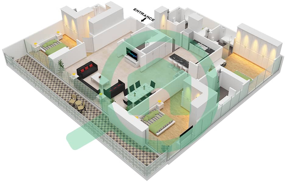 МБЛ Роял - Апартамент 3 Cпальни планировка Единица измерения 1,5 FLOOR 19-35 Unit 1,5 Floor 19-35 interactive3D