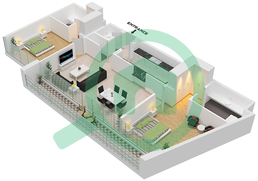 内斯巴 2区 - 2 卧室公寓类型B2戶型图 Type B2 Floor 2-9 interactive3D