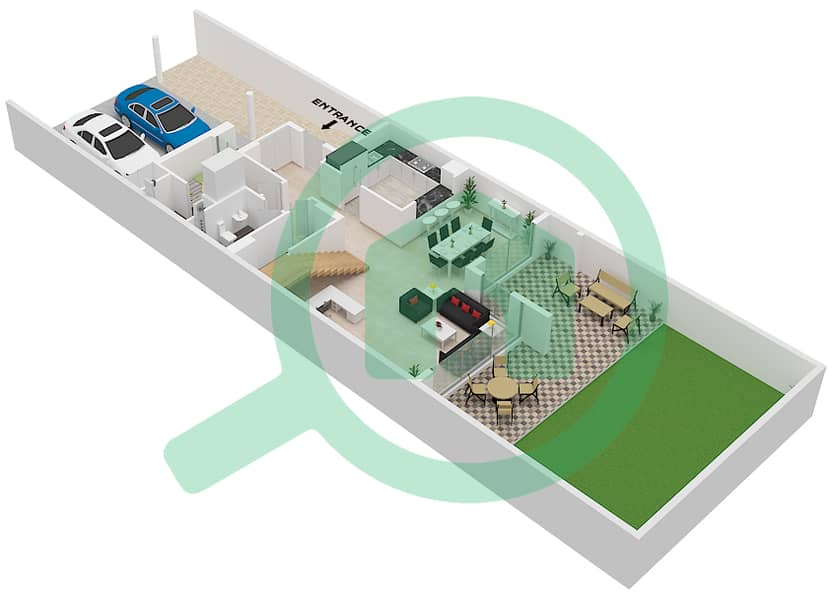 Murooj Al Furjan West - Таунхаус 3 Cпальни планировка Тип/мера A / UNIT MIDDLE Type A
 Unit Middle 
Ground Floor interactive3D