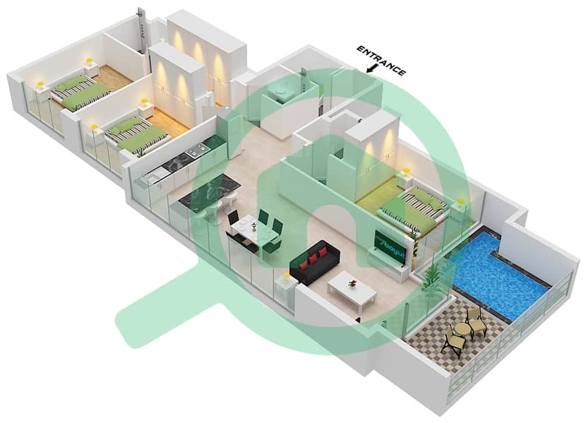 多瑙河畔景观1号公寓 - 3 卧室公寓类型／单位A / UNIT 2戶型图 Type A Unit 2 Floor 23-35 interactive3D