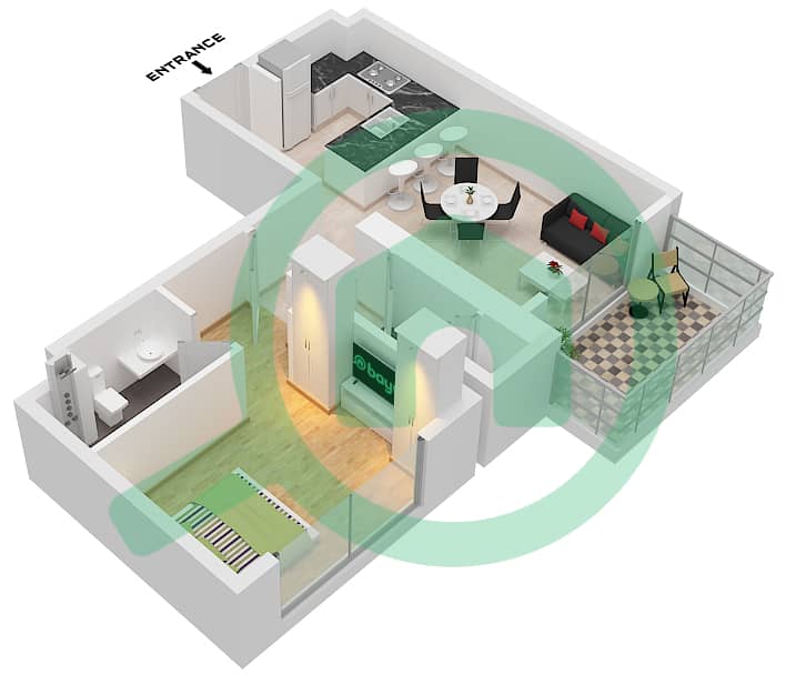 المخططات الطابقية لتصميم النموذج B شقة 1 غرفة نوم - ذا هايبري Type B interactive3D