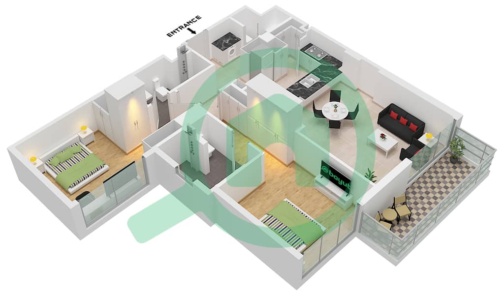 المخططات الطابقية لتصميم النموذج A شقة 2 غرفة نوم - ويلتون بارك ريزيدنسزII Type A interactive3D