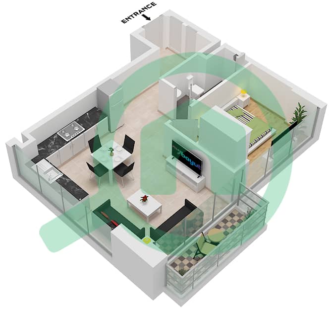 阿齐兹里维埃拉34号楼 - 1 卧室公寓类型1B FLOOR 2-7戶型图 Type 1B Floor 2-7 interactive3D