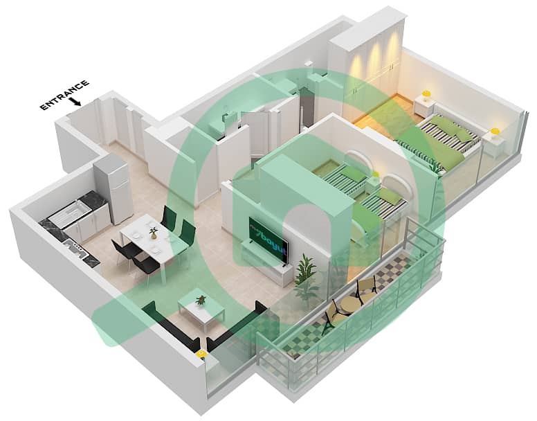 阿齐兹里维埃拉34号楼 - 2 卧室公寓类型1B FLOOR 2-7戶型图 Type 1B Floor 2-7 interactive3D