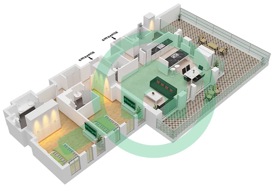 Здание Апартаментов 6 - Апартамент 2 Cпальни планировка Тип/мера 1-1 / UNIT 4 FLOOR 1 Type 1-1 unit  4 Floor 1 interactive3D