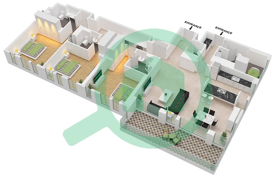 Bluewaters Residences 6 - 3 Bedroom Apartment Type/unit 1-1B UNIT 1 FLOOR 1 Floor plan Type 1-1B Unit 1 Floor 1 interactive3D