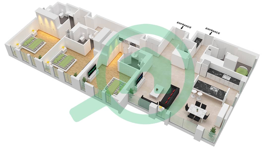 Bluewaters Residences 6 - 3 Bedroom Apartment Type/unit 1-1A / UNIT 1 FLOOR 2 Floor plan Type 1-1A Unit 1 Floor 2 interactive3D