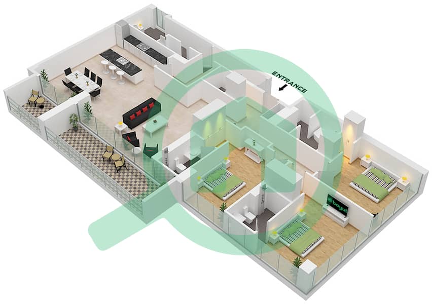 المخططات الطابقية لتصميم النموذج A شقة 3 غرف نوم - بناية 4B Type A interactive3D