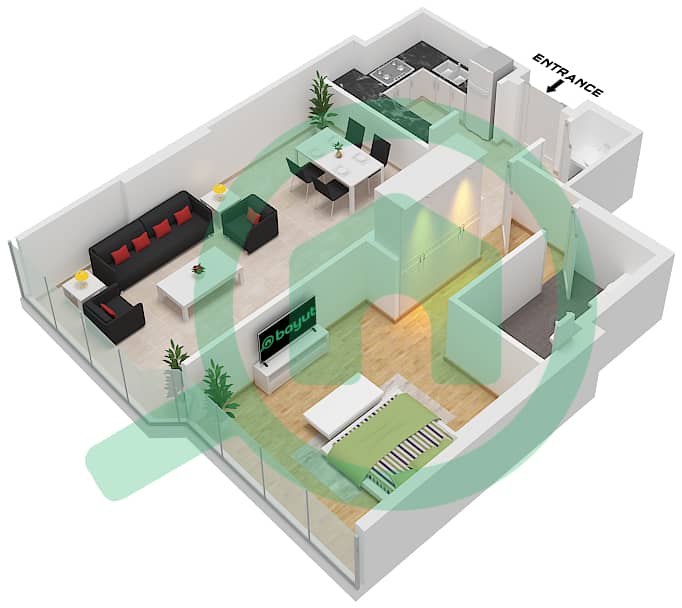 المخططات الطابقية لتصميم الوحدة 4 FLOOR 1-14 شقة 1 غرفة نوم - راديانت فيوز 1 Unit 4 Floor 1-14 interactive3D