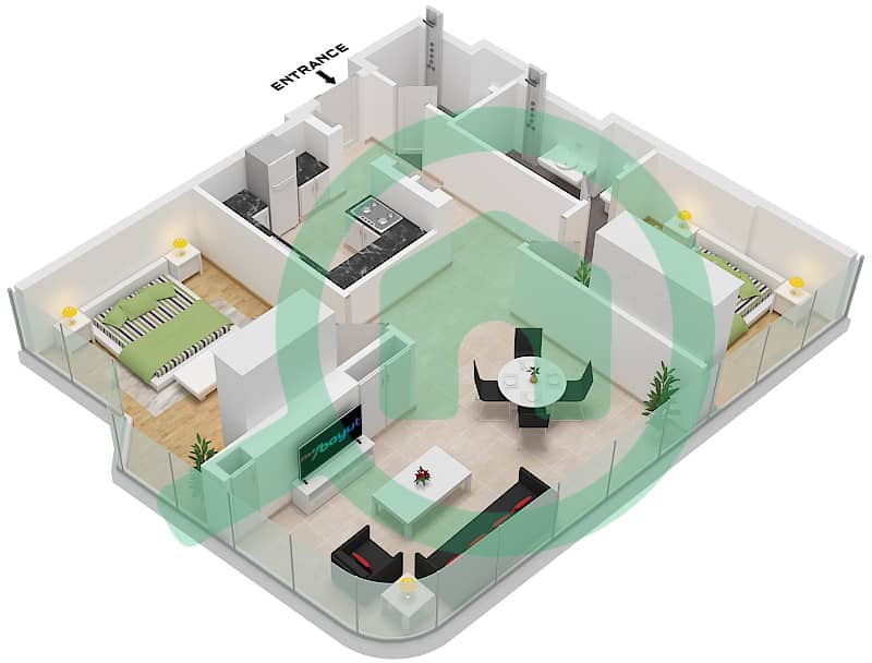 المخططات الطابقية لتصميم الوحدة 6 FLOOR 1-5,10-14 شقة 2 غرفة نوم - راديانت فيوز 1 Unit 6 Floor 1-5,10-14 interactive3D