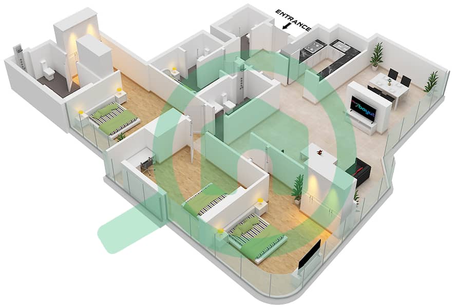المخططات الطابقية لتصميم الوحدة 4 FLOOR 17,28 شقة 3 غرف نوم - راديانت فيوز 1 "Unit 4 Floor 17,28
Unit 5 Floor 18-27
Unit 7 Floor 1-14" interactive3D