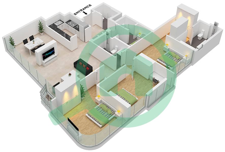 Radiant Viewz 1 - 3 卧室公寓单位2 FLOOR 6-9戶型图 Unit 2 Floor 6-9 interactive3D