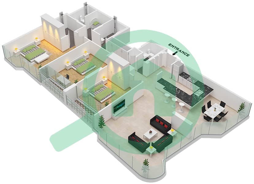 المخططات الطابقية لتصميم الوحدة 2 FLOOR 17,28 شقة 3 غرف نوم - راديانت فيوز 1 "Unit 2 Floor 17,28
Unit 3 Floor 18-27" interactive3D