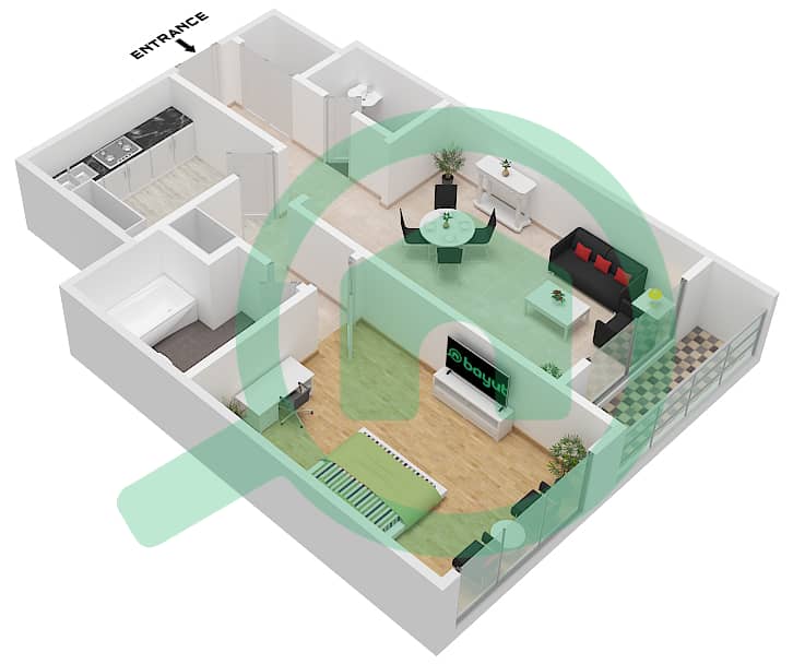 المخططات الطابقية لتصميم الوحدة 07 BLOCK A شقة 1 غرفة نوم - أبراج غلفا Unit 07-Block A interactive3D