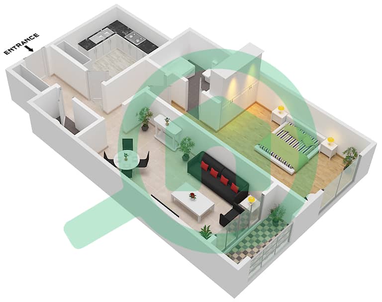 المخططات الطابقية لتصميم الوحدة 10 BLOCK A شقة 1 غرفة نوم - أبراج غلفا Unit 10-Block A interactive3D