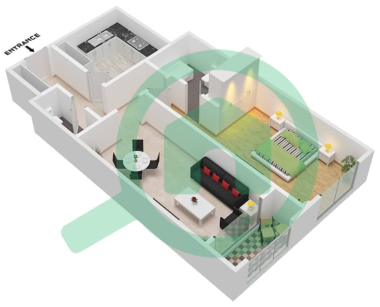 المخططات الطابقية لتصميم الوحدة 12 BLOCK A شقة 1 غرفة نوم - أبراج غلفا Unit 12-Block A interactive3D