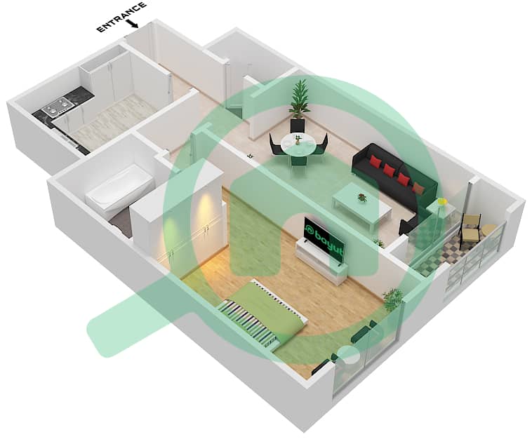 المخططات الطابقية لتصميم الوحدة 13 BLOCK A شقة 1 غرفة نوم - أبراج غلفا Unit 13-Block A interactive3D