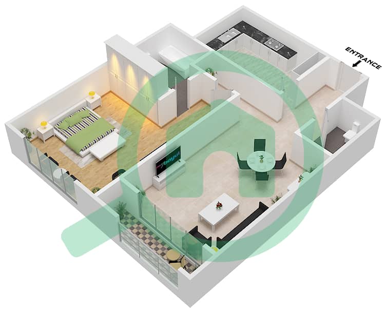 Gulfa Towers - 1 Bedroom Apartment Unit 21 BLOCK A Floor plan Unit 21-Block A interactive3D