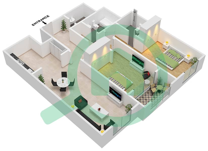 المخططات الطابقية لتصميم الوحدة 17 BLOCK A شقة 2 غرفة نوم - أبراج غلفا Unit 17-Block A interactive3D