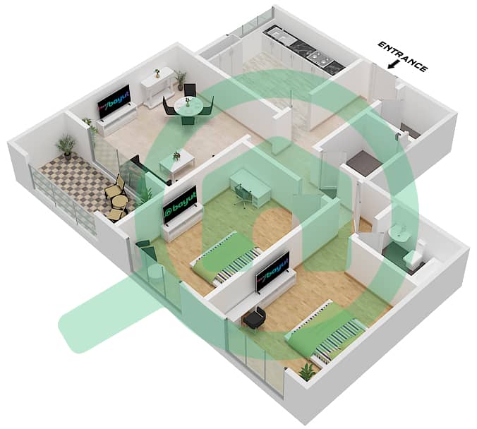 المخططات الطابقية لتصميم الوحدة 05 BLOCK A شقة 2 غرفة نوم - أبراج غلفا Unit 05-Block A interactive3D