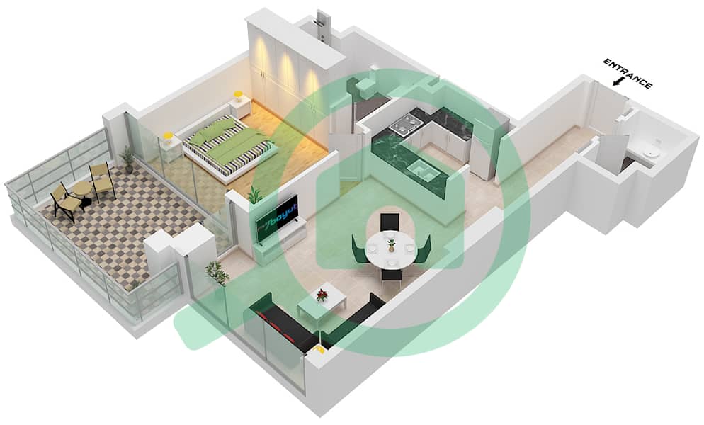 المخططات الطابقية لتصميم النموذج D شقة 1 غرفة نوم - إليغانس تاور Type D interactive3D
