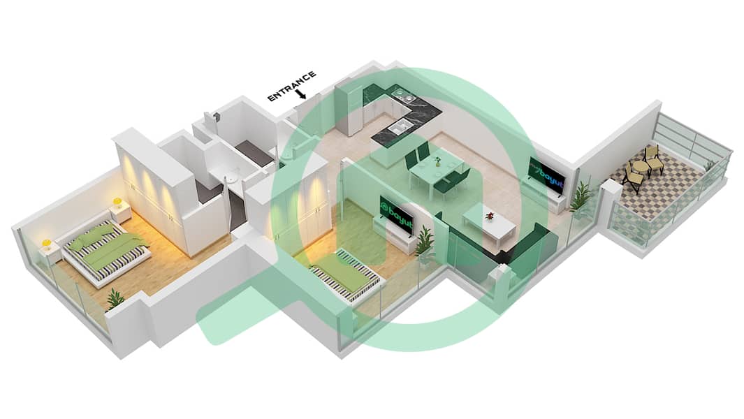 المخططات الطابقية لتصميم النموذج C شقة 2 غرفة نوم - إليغانس تاور interactive3D