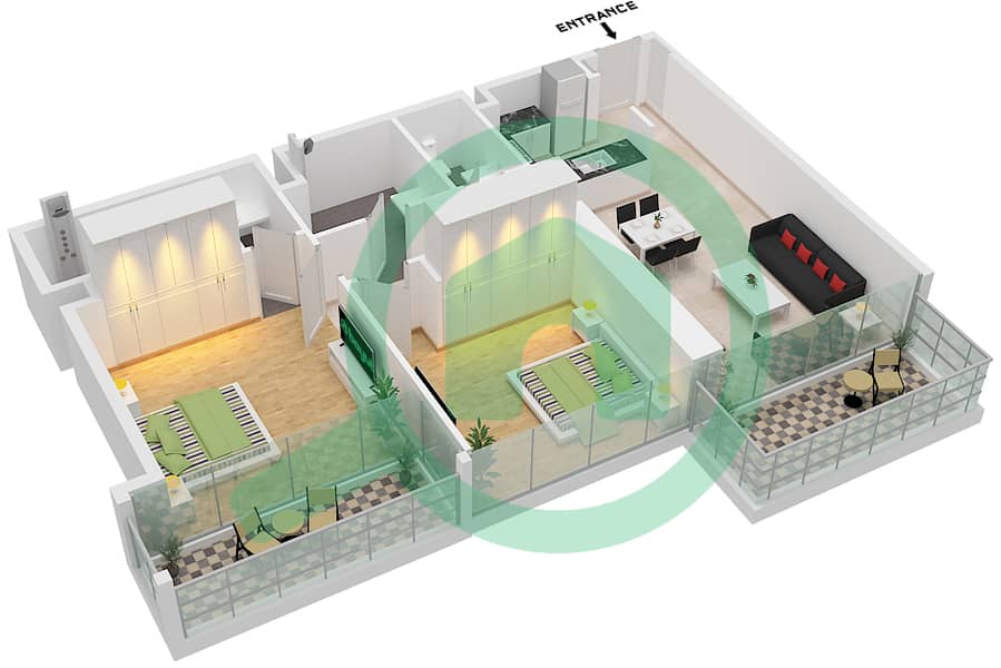 المخططات الطابقية لتصميم النموذج A2 شقة 2 غرفة نوم - إليغانس تاور Type A2 interactive3D
