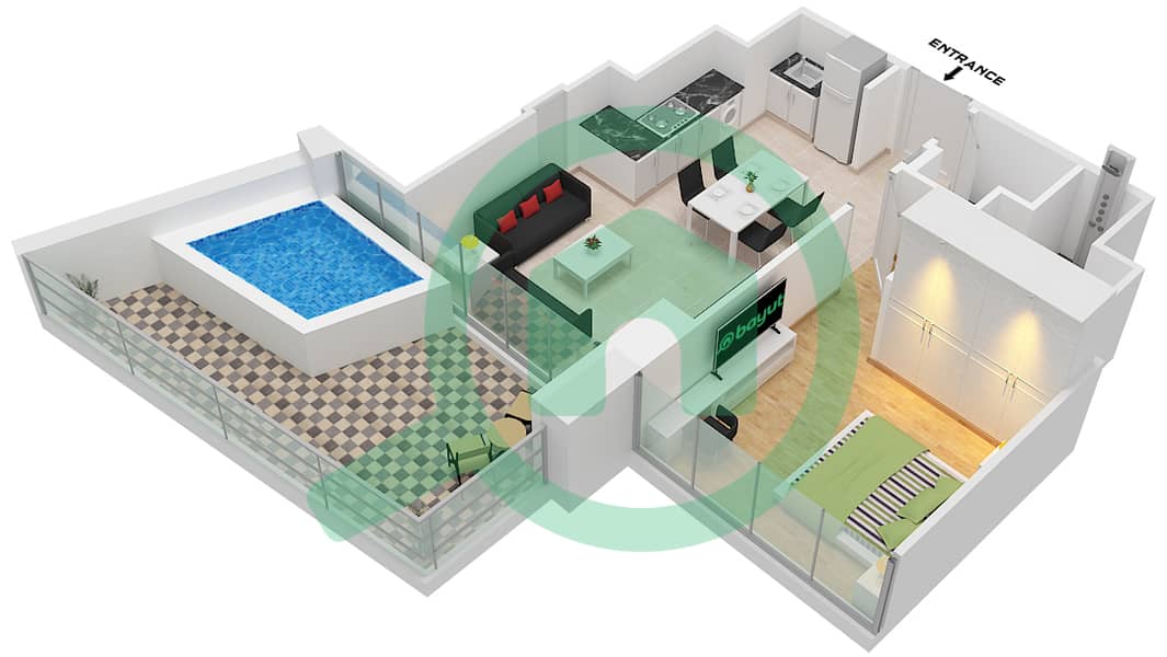 Binghatti Phantom - 1 Bedroom Apartment Type 1 FLOOR 2-36 Floor plan Type 1 Floor 2-36 interactive3D