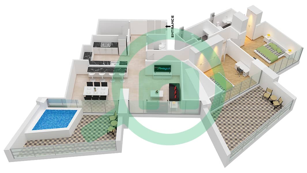 Binghatti Phantom - 2 Bedroom Apartment Type 1 FLOOR 37-38 Floor plan Type 1 Floor 37-38 interactive3D