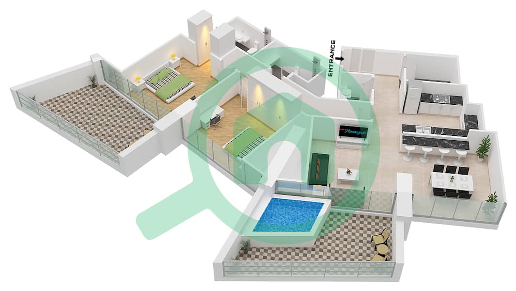 Binghatti Phantom - 2 Bedroom Apartment Type 2 FLOOR 37-38 Floor plan Type 2 Floor 37-38 interactive3D