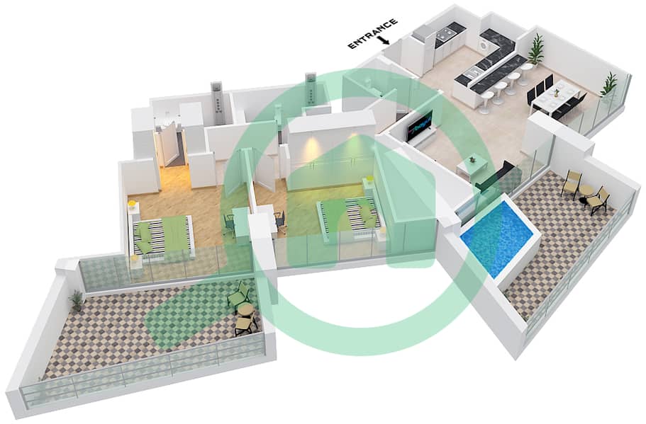 Binghatti Phantom - 2 Bedroom Apartment Type 3 FLOOR 37-38 Floor plan Type 3 Floor 37-38 interactive3D
